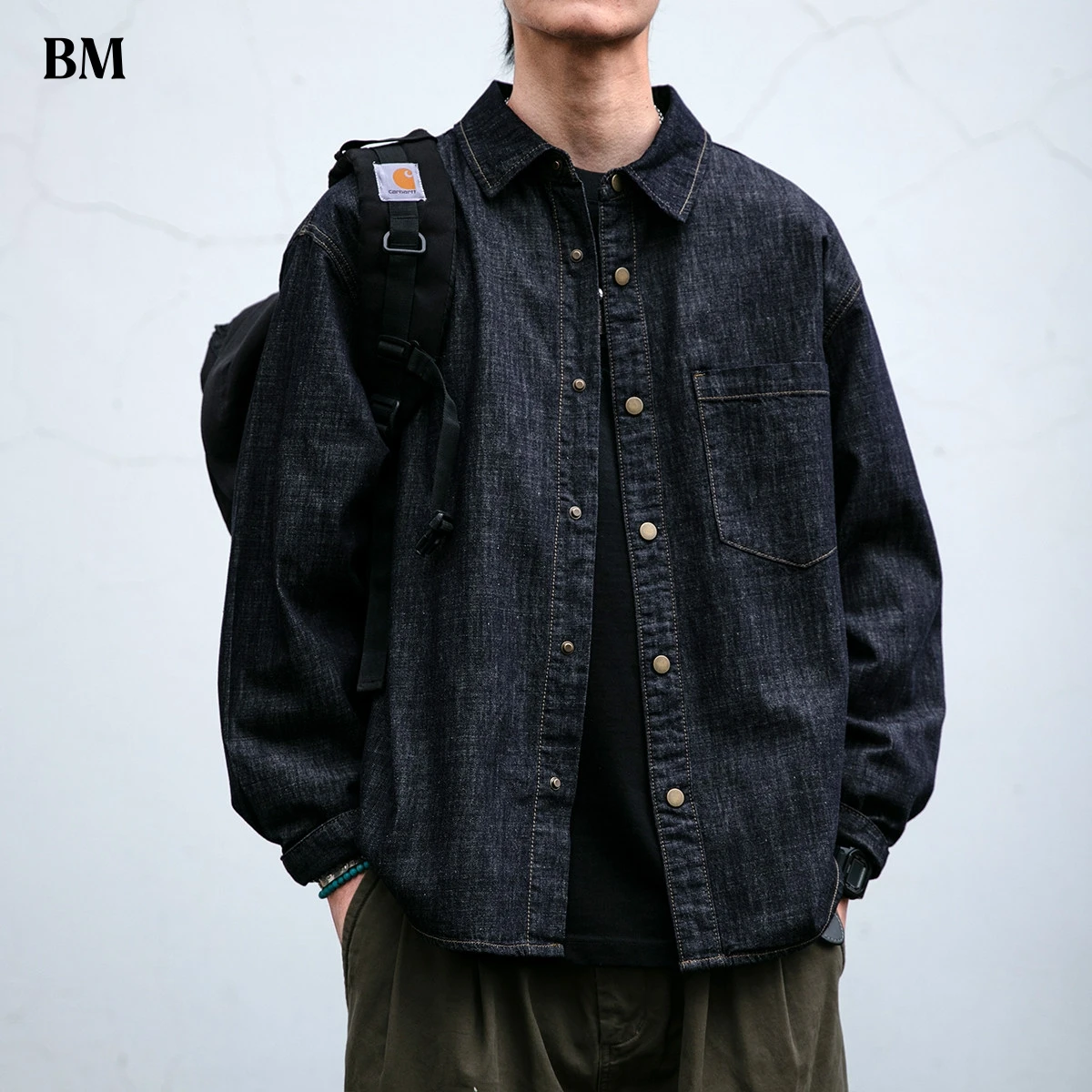 

Мужская высококачественная винтажная рабочая рубашка из американского необработанного денима, смесовая ткань лиоцелл-рами, свободный крой, повседневная, утилитарная, уличная одежда, с длинным рукавом