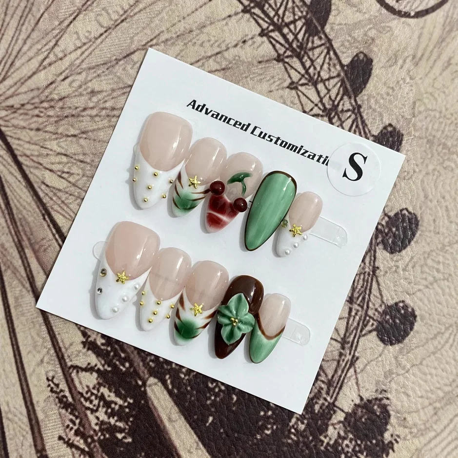 10 stuks handgemaakte amandelpers op nagels met 3D handgesneden duivelsbloemontwerp Japanse nepnagels Tips Ins mode nepnagels