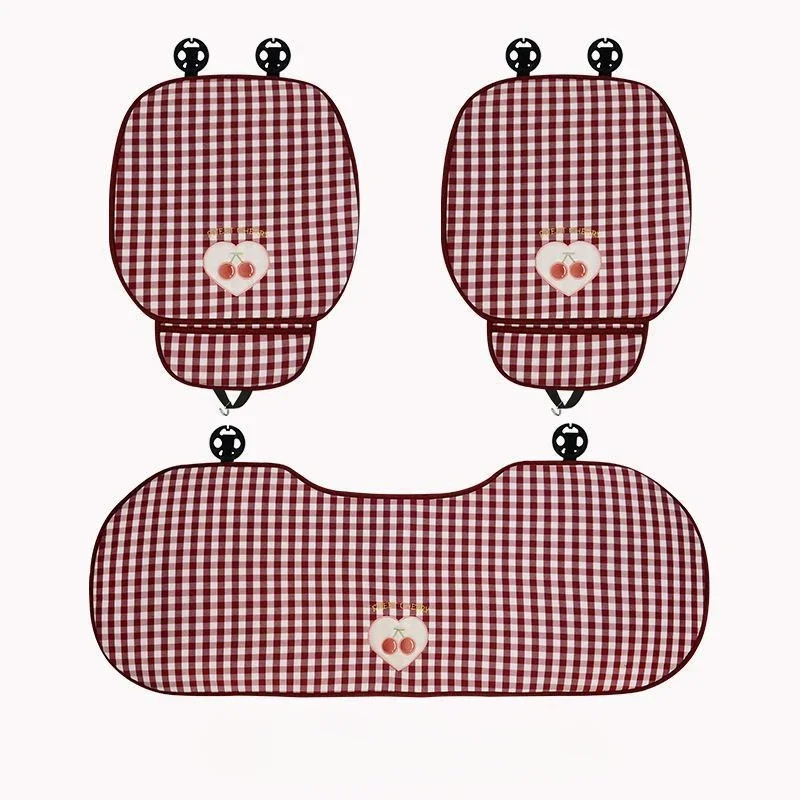 Universal Linen Car Seat Cushion Plaid Cherry Design Four Seasons Half Surround Breathable Summer Day Seat Cover 4