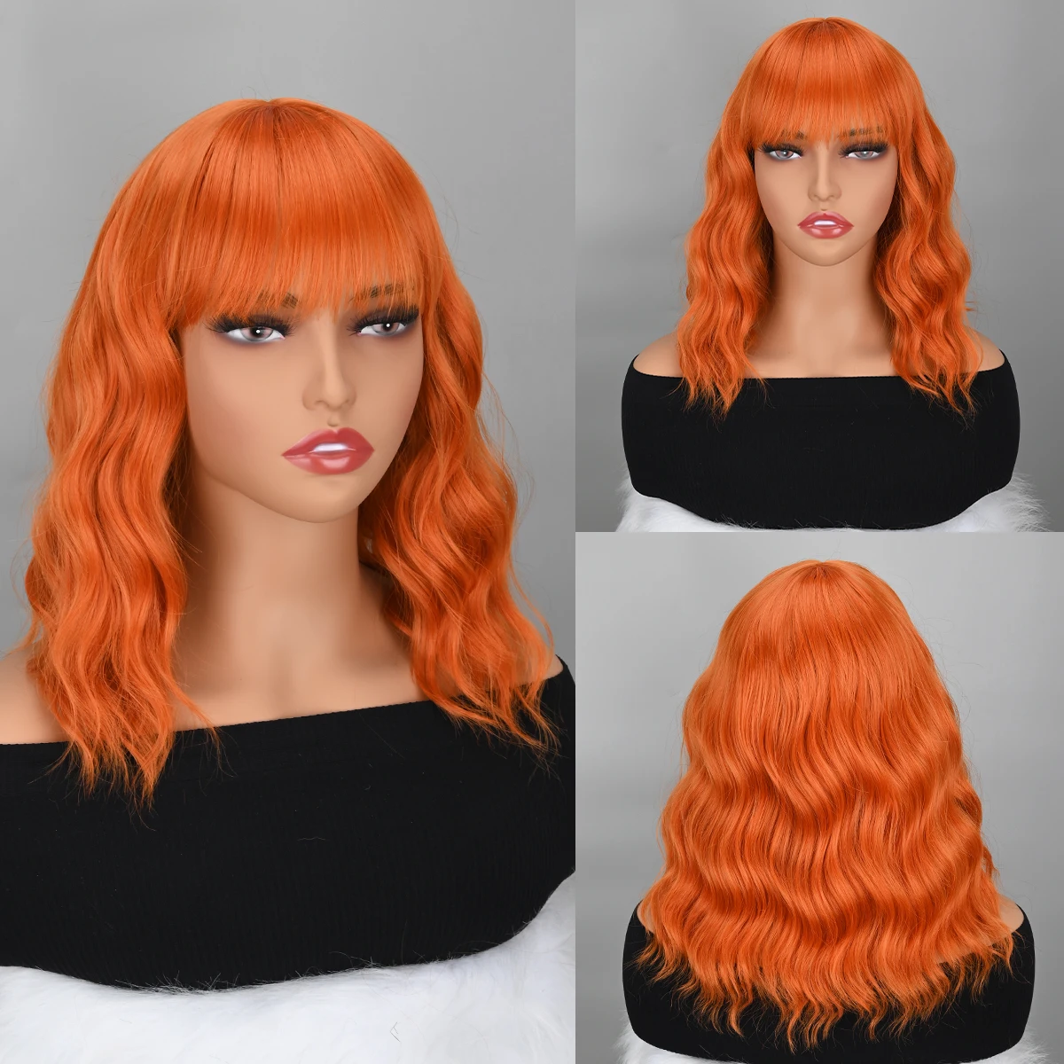 

Orange Bob Wigs with Bangs for Women Short Colorful Wavy Curly Synthetic Wig for Cosplay Halloween Costume Party Use