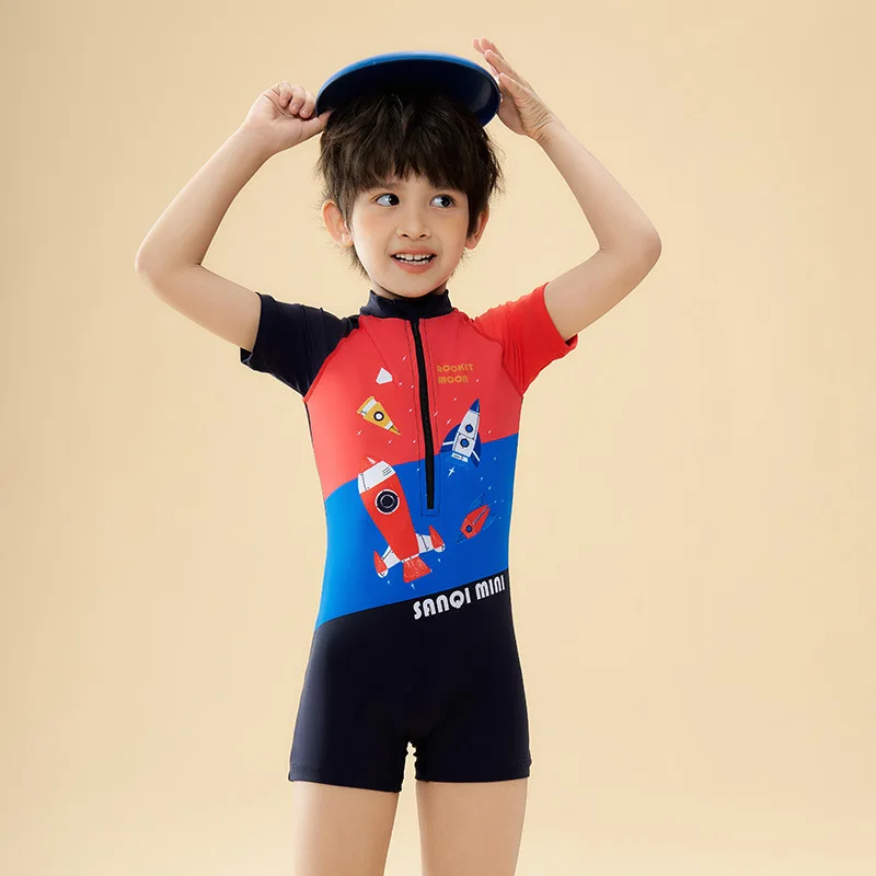

Boy Short Sleeve Professional Outdoor Water Sports Beach Surfing SwimSuit Sun Protection Knee Length Quick-Dry Bathing SwimWear