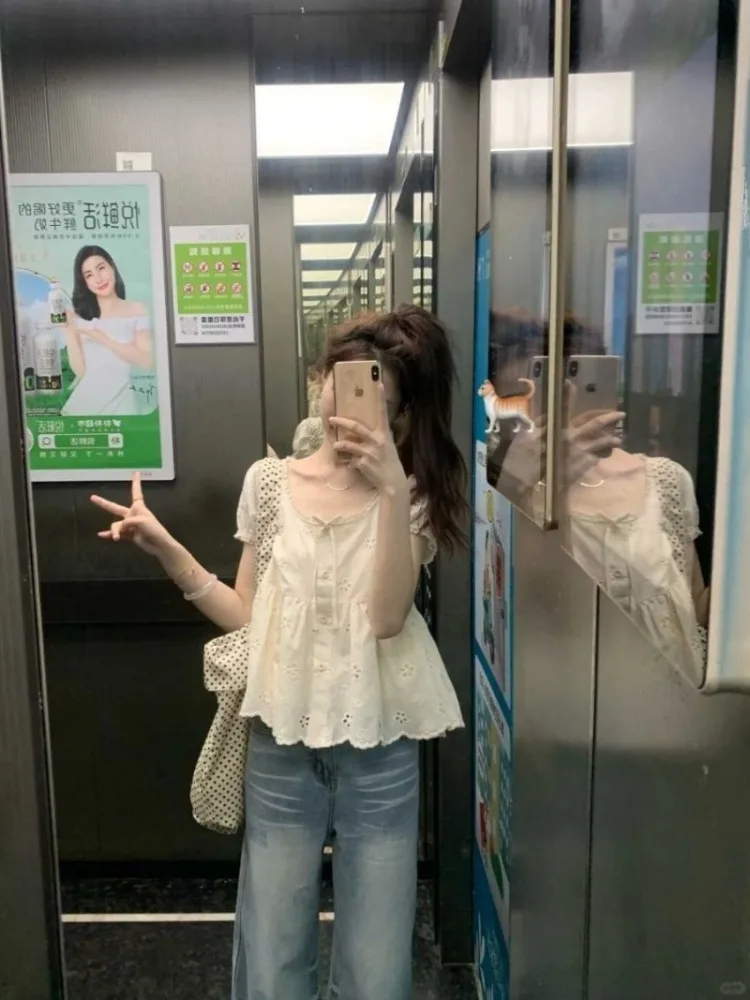 Chemises douces pour femmes, nœud en dentelle, Patchwork, manches courtes bouffantes, fleurs, col Slash, hauts courts amples, chemisier décontracté d'été