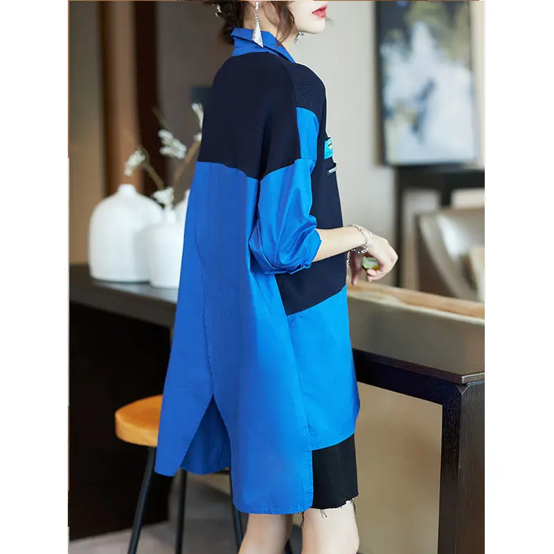 Contrasting Colors Spliced Fashion Midi Shirt for Women Casual Streetwear All-match Long Sleeve Split Irregular Polo-Neck Blouse