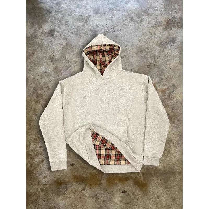 

European and American Y2K Streetwear Vintage Checkered Print Loose Fit Hip Hop Hoodie for Men