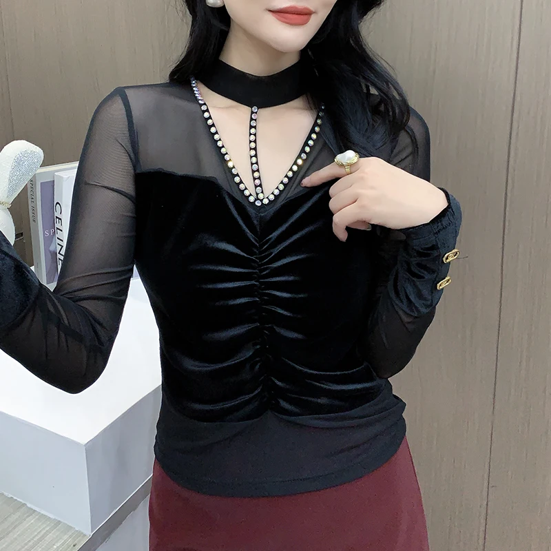 Black,Korean,Style,T-shirt,Chic,Sexy,Draped,Mesh,Velvet,Splicing,Shiny,Diamonds,Women,Tops,Long Sleeve,Tees,2025,New,4121501