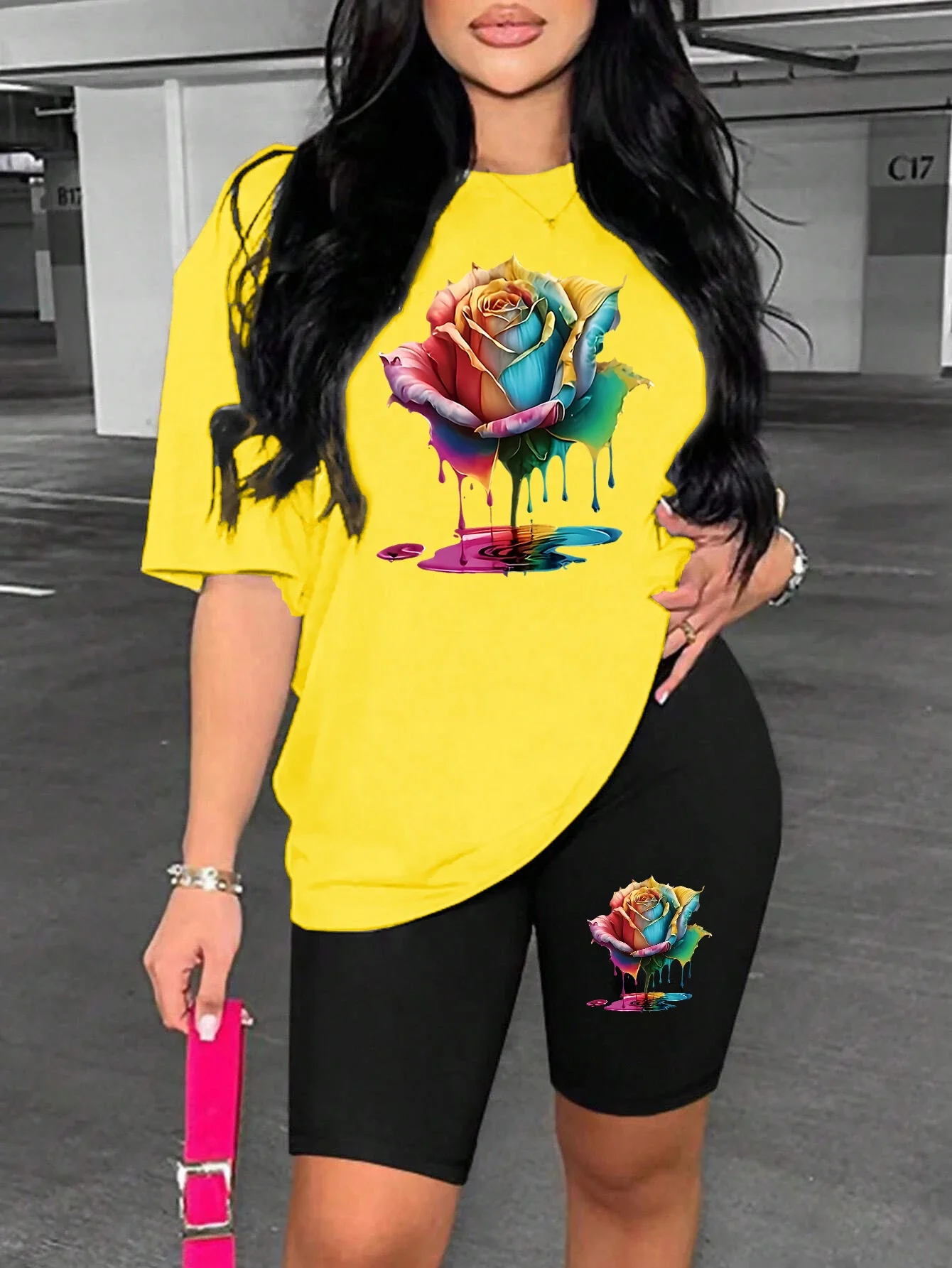 

Colorful And Beautiful Roses Print Short Sleeve Suit Basics Versatile Shorts Sets Fashion Classic Style For Women Two Piece Set