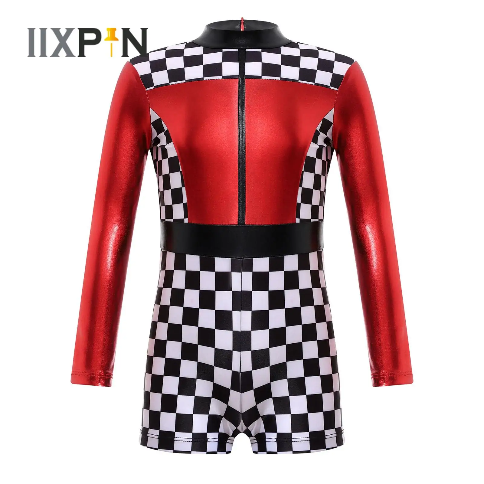 

Kids Girls Jumpsuit Race Car Racer Costume Long Sleeve Checkerboard Color Block Short Bodysuit Romper Halloween Cosplay Costume