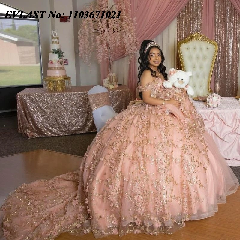 EVLAST Shiny Pink Quinceanera Dress Ball Gown Golden Lace Applique Beading Mexican Corset Sweet 16 Vestidos De XV 15 Anos SQ122