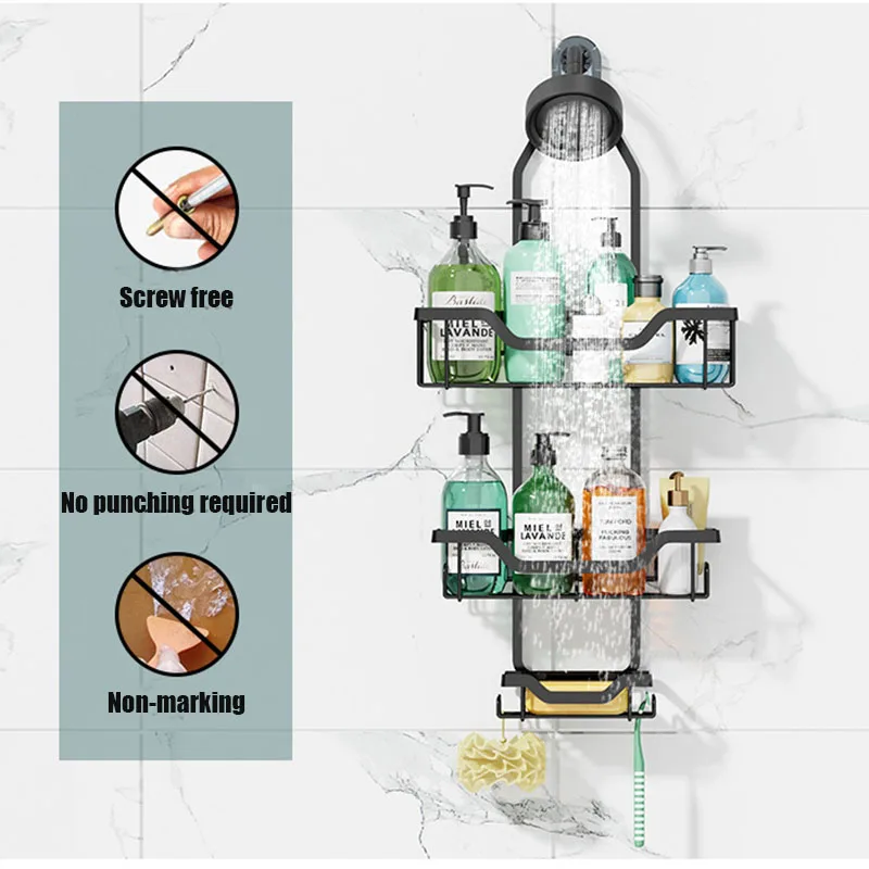 Imagem -02 - Montado na Parede Rack de Armazenamento para Banheiro Shampoo Bottle Rack Prateleira de Chuveiro Suspenso Terceiro Andar Feito de Ferro