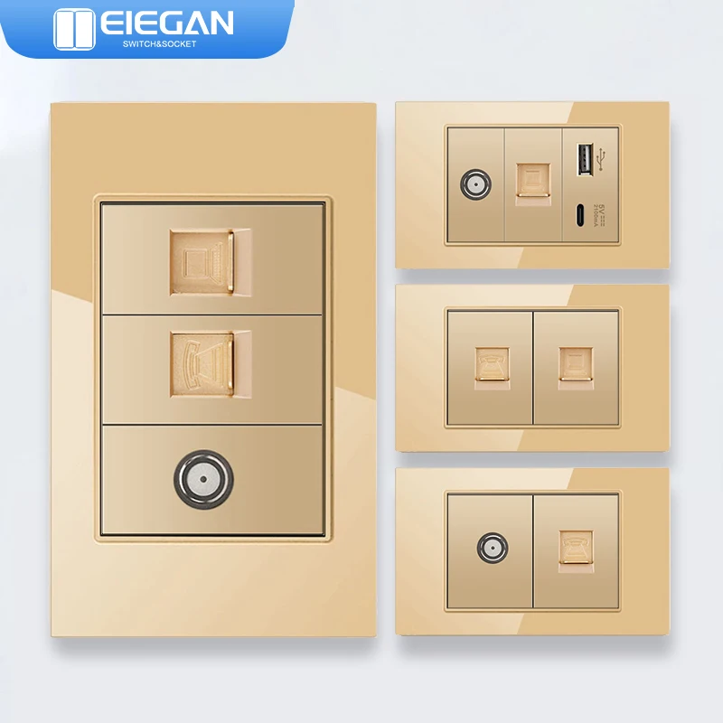 

ELEGAN 118mm Gold Tempered Glass Panel Swiss Brazil Standard Series 118mm*74mm Wall Computer TEL TV Combination Socket Switch