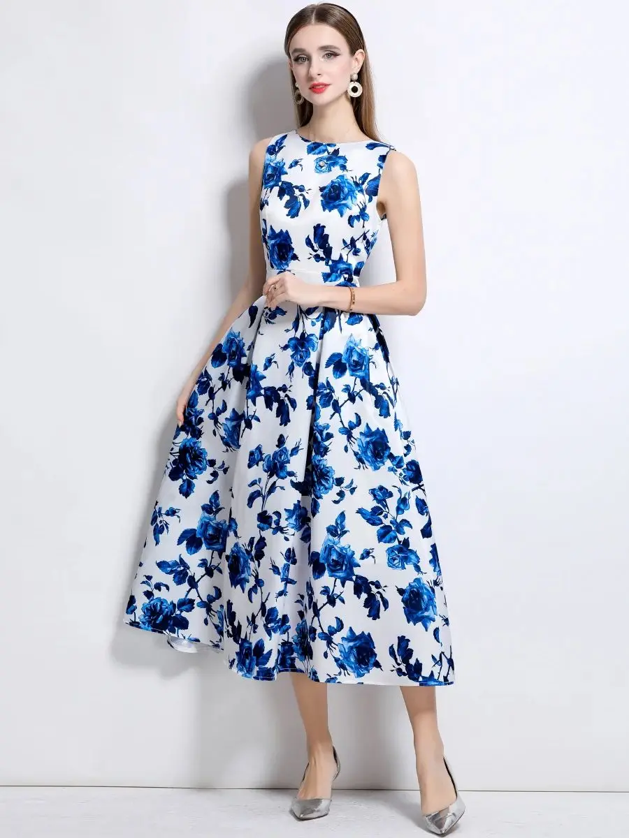 

High Quality Blue and White Color Clash Sleeveless Evening Dresses Women's O-neck Sleeveless High Waist Slim Cut Summer Dress