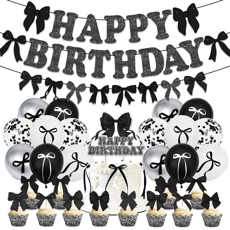 13pcs Black Bow Tie Cake Decoration,Girl\'s Bow Happy Birthday Cake Insert