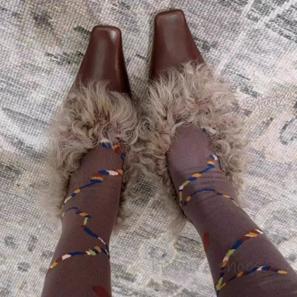 

Меховые туфли-лодочки с квадратным носком на массивном каблуке, кожаные однотонные слипоны, модная роскошная элегантная лаконичная пикантная новинка, женская обувь, новинка