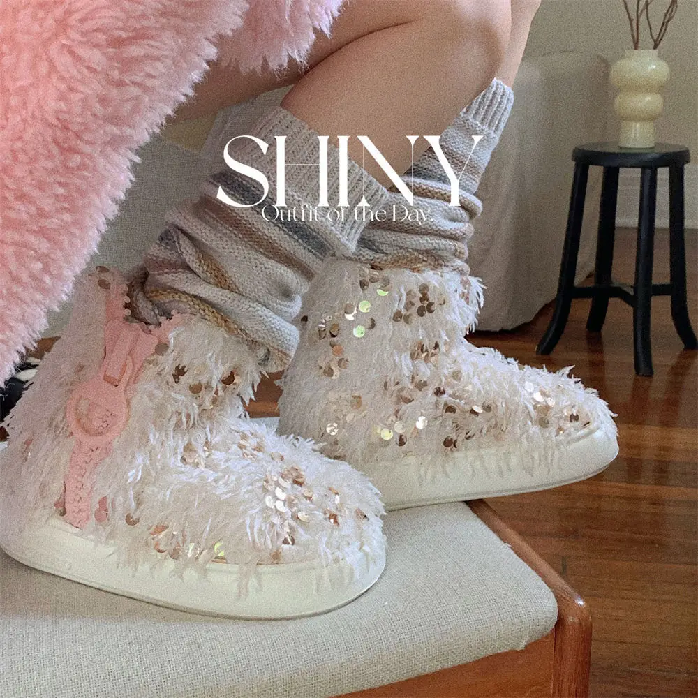 

Women Ankle Boots Winter Fashion Glitter Hairy Indoor Household Cotton Slippers Shoes Women's Fashion Show Zipper Snow Boots