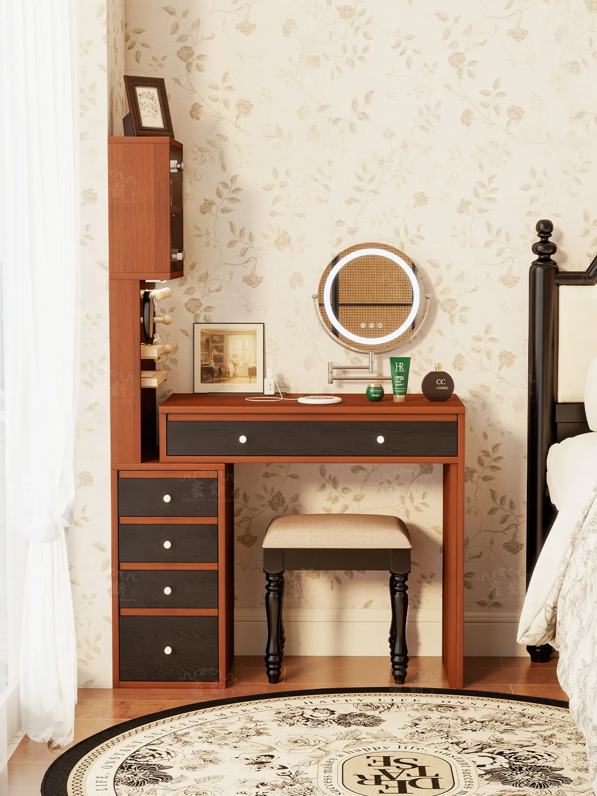 Vintage-style bedroom vanity with mirror corner vanity table, vintage extendable bedside table, vanity table integrated storage