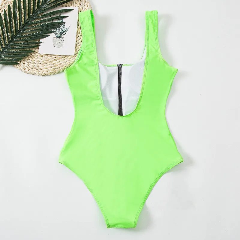 Sexy Bikini One Piece Swimsuits Women Zipper Swimwear Solid Padded Bra Bathing Suit Tropical Surfing Sport Bodysuit Female