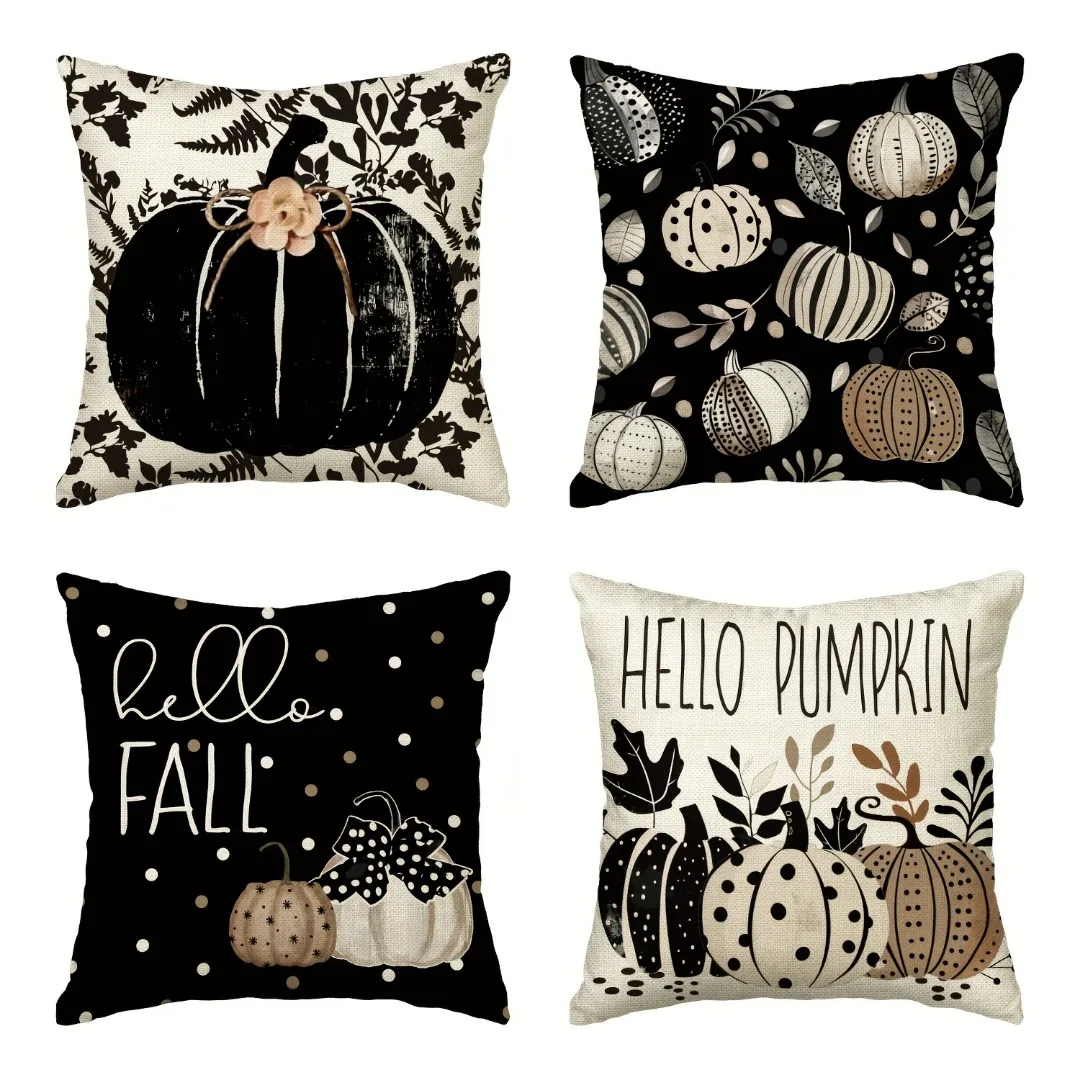 4Pcs Halloween Linen Cushion Cover Trick or Treat Theme Pillowcase Gothic Pumpkin Pillow Cover Halloween Party Decoration 2025