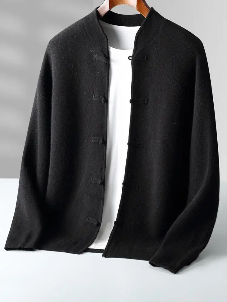 

New Chinese Style 100% Merino Wool Cardigan Sweater Autumn Winter Men Button Coat Warm Thick Soft Knit Cashmere Mock Neck Tops