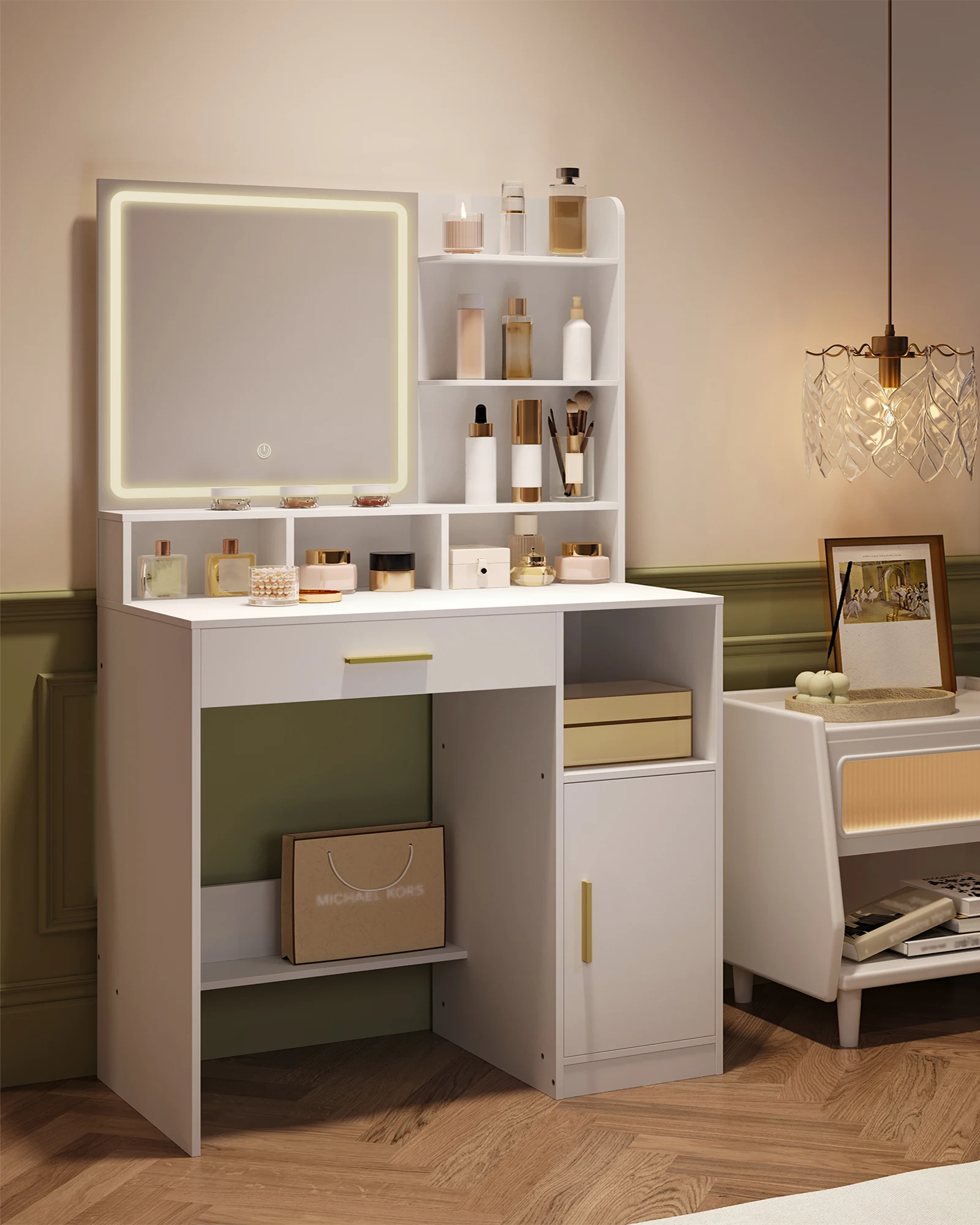 طاولة تزيين هزوانري مع مرآة وإضاءة LED، مع 3 أرفف و4 مقصورات مفتوحة، مع أدراج وخزائن