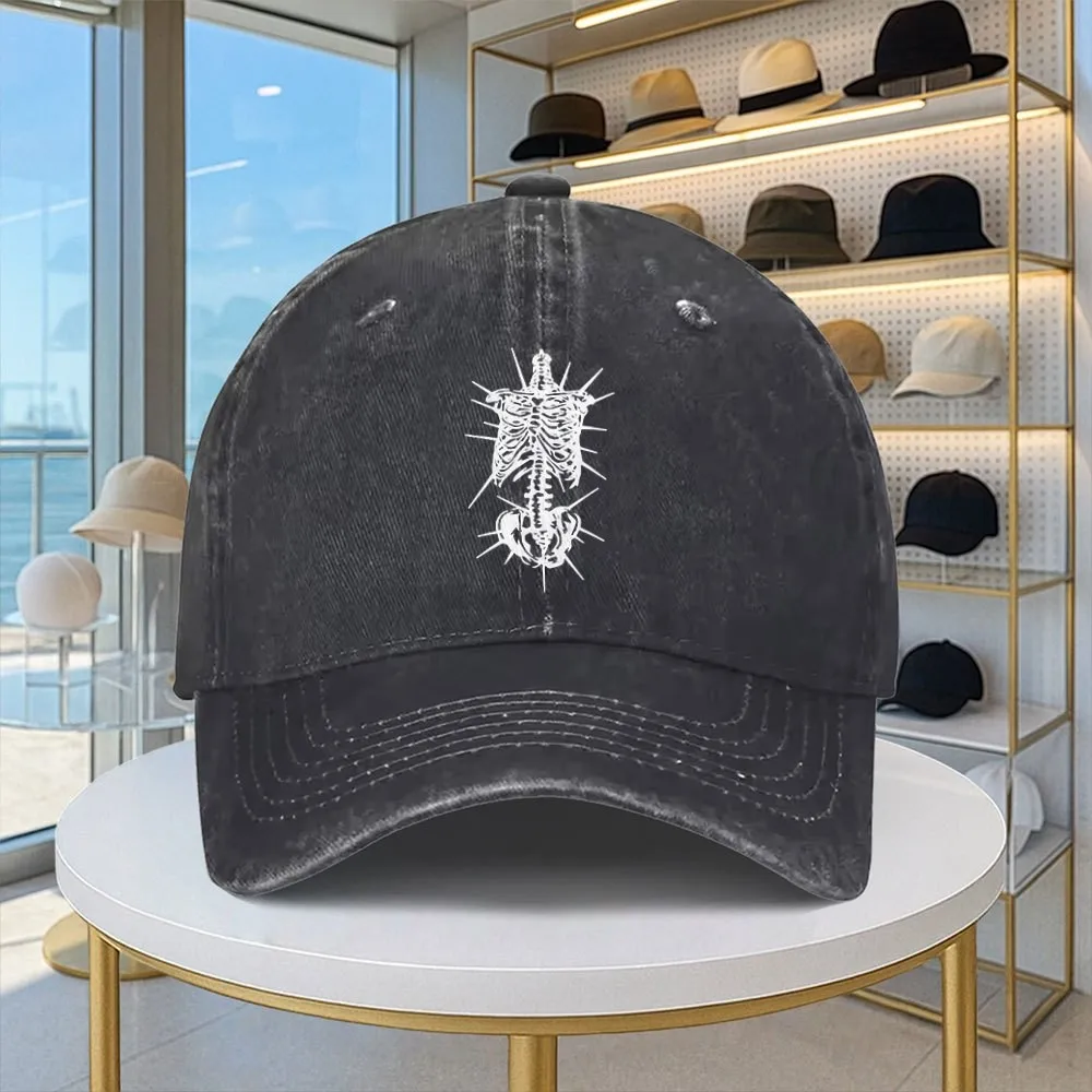 Skeleton Tattoo Print Washed Denim Baseball Cap Durable Adjustable Street Style Duckbill Hat for Unisex