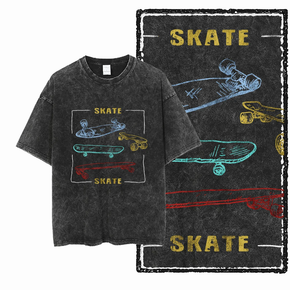 YD SKATE THEME Printed Cotton Acid Washed Graphic Unisex T Shirt Cool SKATEBOARD Streetwear Men Tshirts Big Size Tee for men