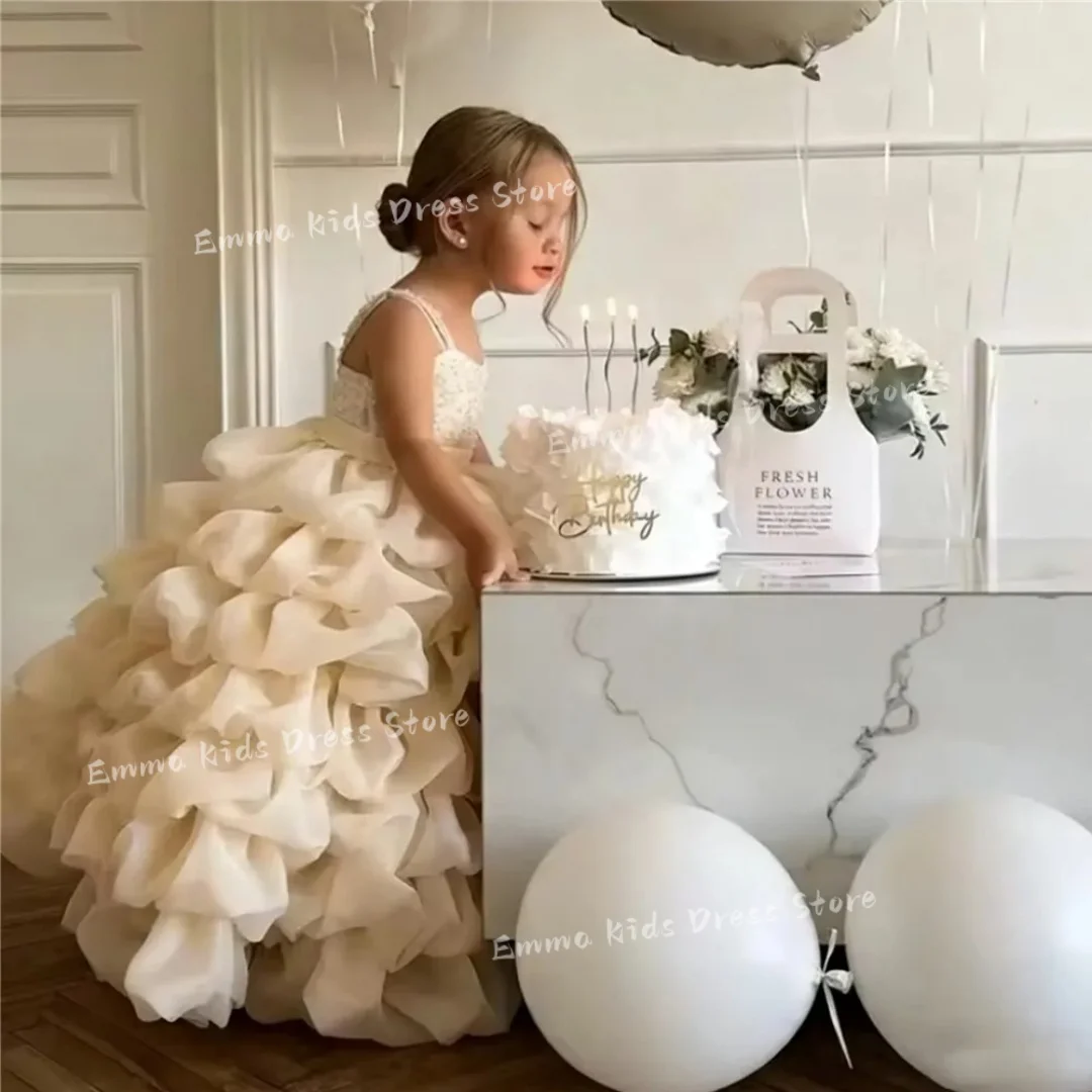 Customized Luxury Layered Flower Girl Wedding Dress Sequined Ruched Ruffle Sleeveless Baby Girl Princess Birthday Party Dress - view 2