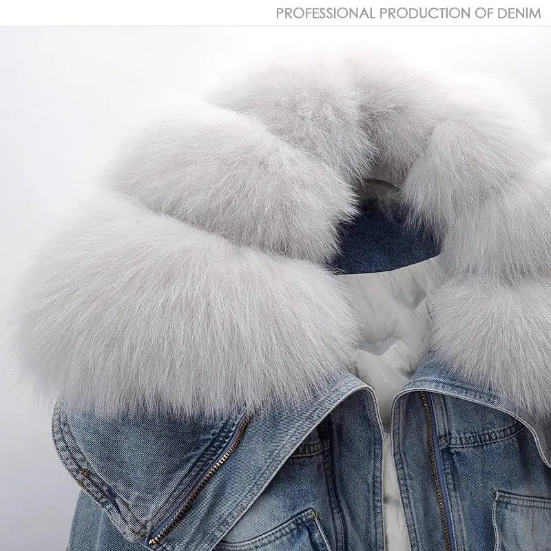 Nowa koreańska zimowa kurtka jeansowa damska z kołnierzem z prawdziwego futra lisa, odpinana wkładka puchowa, luźny płaszcz z futrem.