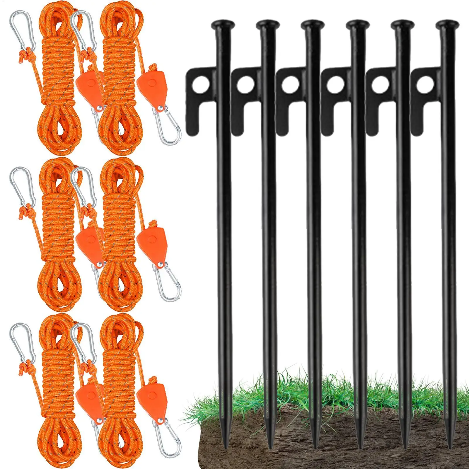 

6pcs Ground Stakes And Wind Ropes Set 25cm Tent Stakes Pegging Ground Nails 3 M Length Lightweight Camping Rope For Tent