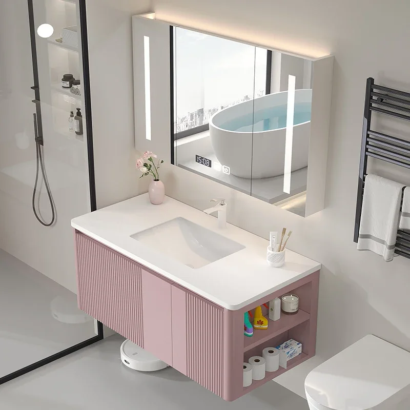 Customized New Bathroom Cabinet Rock Slab Integrated Basin Bathroom Smart Mirror Cabinet Set French Style Washbasin