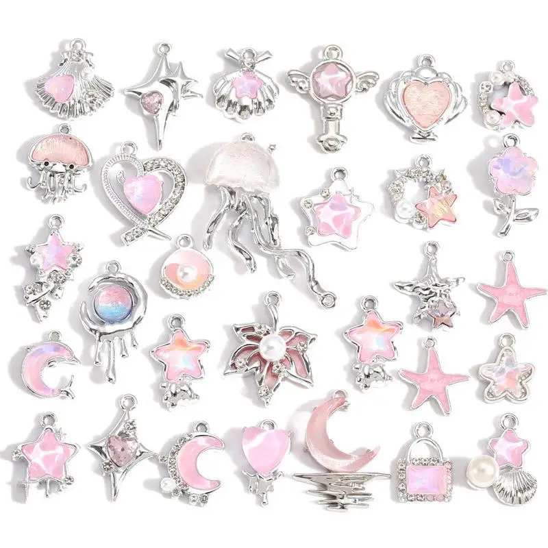 10 Pieces Assorted Alloy Pendants, Pink Resin Rhinestone Star Moon Design, DIY Jewelry Making for Necklaces & Bracelets