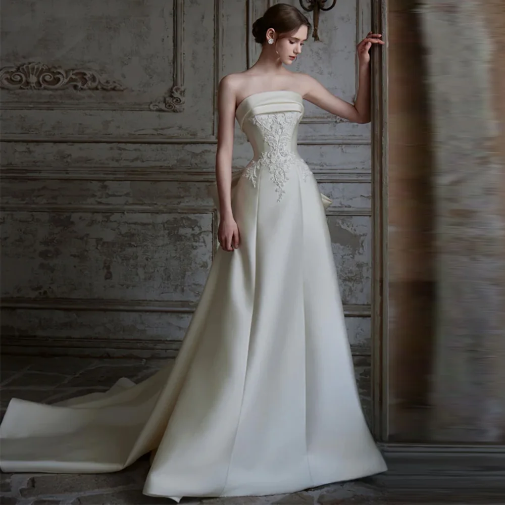 

Customized High Quality Appliques Bridal Gowns Elegant Satin Sleeveless Wedding Dress Elegant A-Line Vestido De Novia with Bow