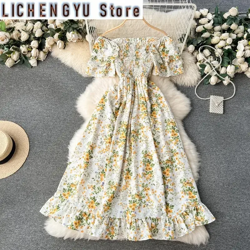 

New Slash Neck Off-shoulder Contrast Color High Waist A-line Vestidos Sweet Style Women's Dress Winter Spring