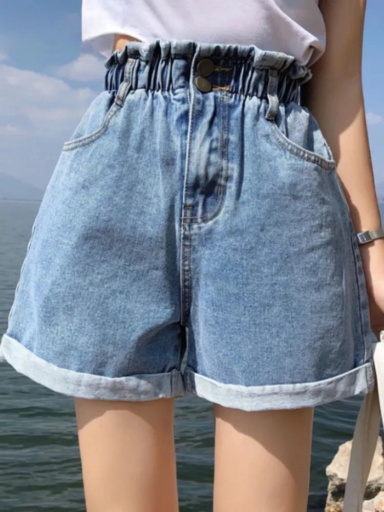 Verão harem babados denim shorts cintura alta jeans elásticos para mulher em preto/branco/azul tamanhos S-3XL 2025 trendiest