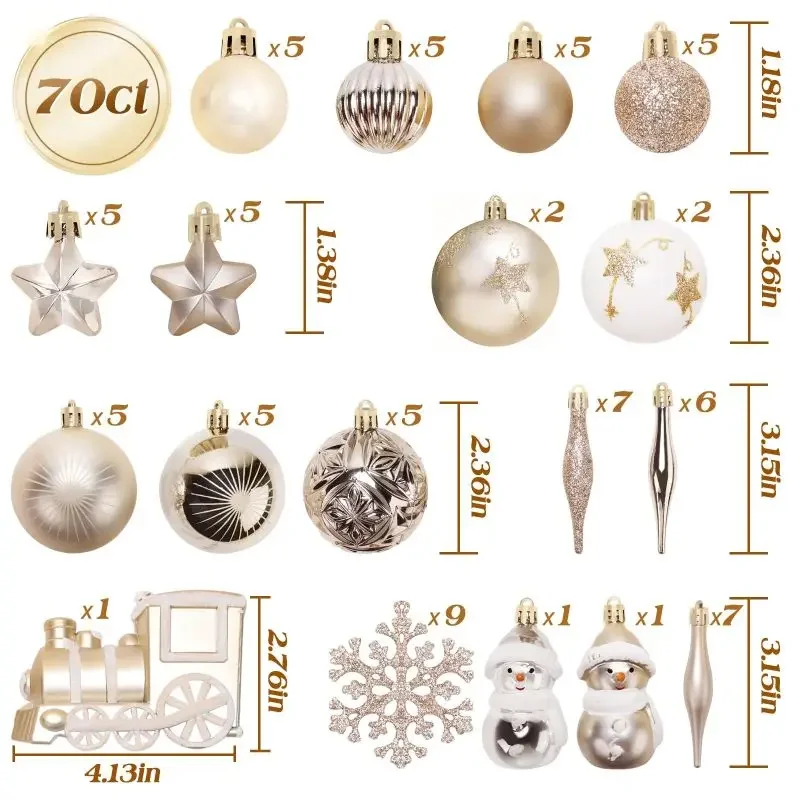 

Ball Ornaments for Christmas Tree 70 Pcs Assorted Shatterproof Christmas Ball Ornaments Set Hanging Ball for Christmas Trees