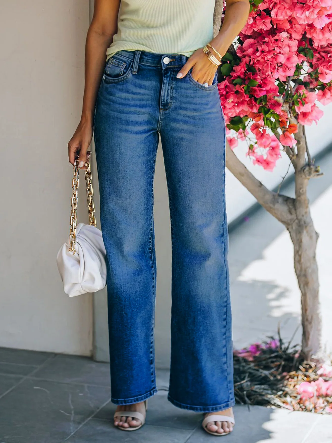 

Удобные женские джинсовые джинсы с прямыми широкими карманами и пуговицами, длинные повседневные однотонные джинсы