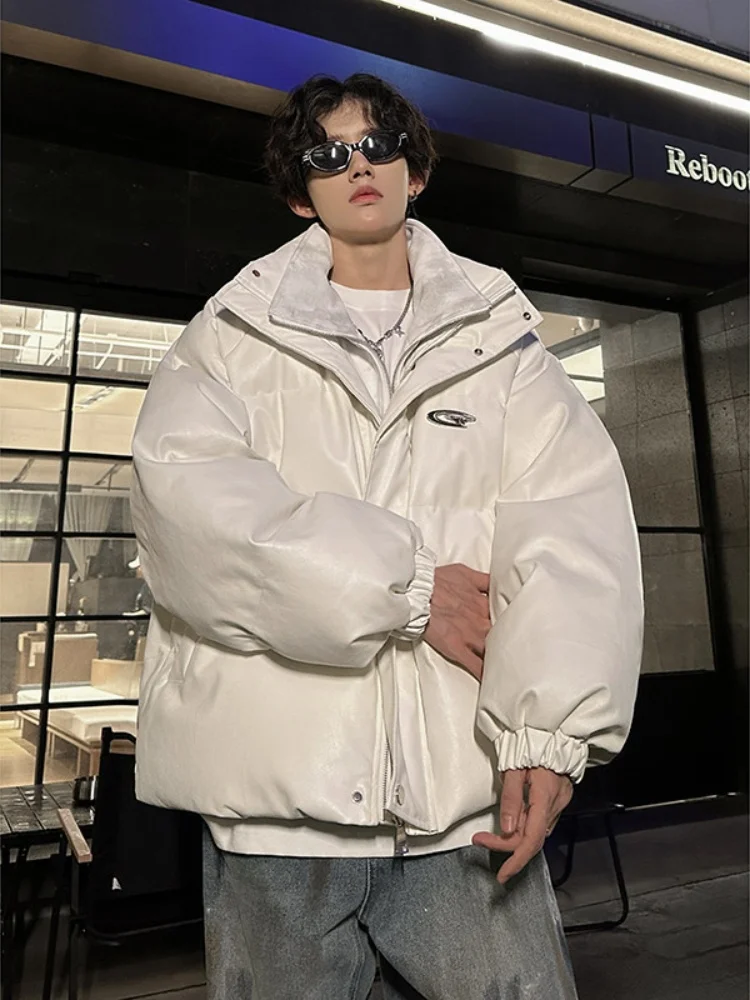 

Warm PU Leather Cotton Jaet Pure Color Faionable Outerwear for Teens Winter Thiened Zipper Closure Casual Sle Coat