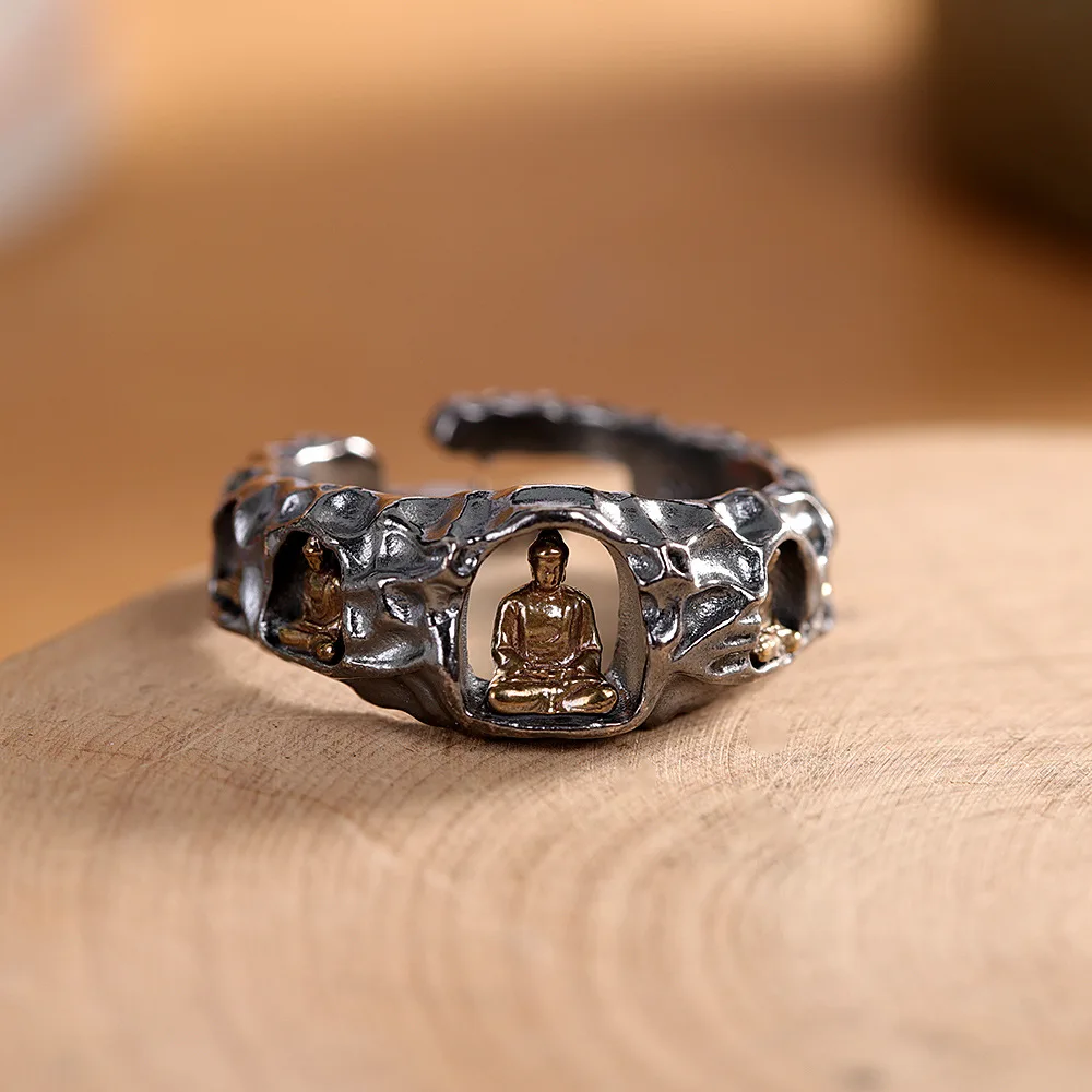 Unusual Rock Face Gilded Black 925 Silver Buddha Rings for Women Hollow Meditation Buddhism Jewelry Religious Gifts Thai Silver