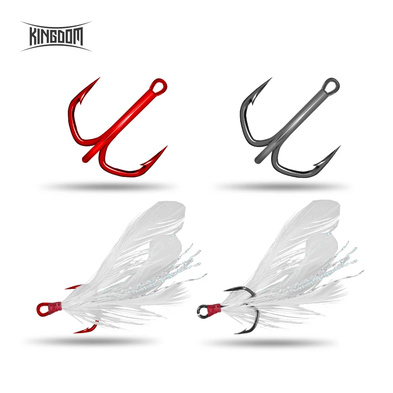 Kingdom Crazy Man Fishing Hooks 4# 6# 8# 10# Carbon Steel Treble Hooks Round Bend Feather Hook Fishing Lure Tackles Accessories