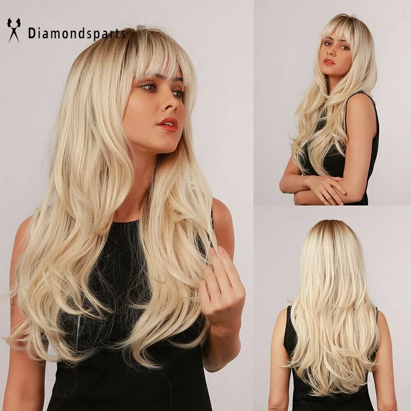 Women Long Wavy Platinum Blonde Hair Wigs with Bang Synthetic Wig Fanshion Daliy