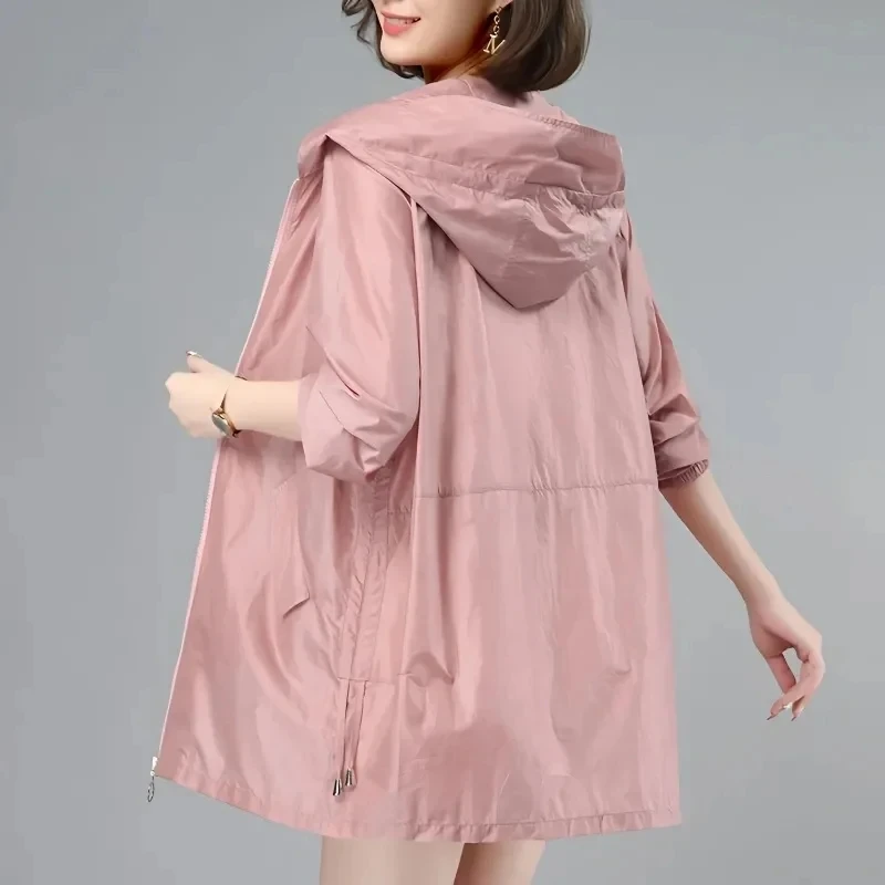 Windbreaker Women Thin Jacket Sun UV-proof Hooded Coat Outdoor Long Sleeve Female 2025 Summer Windbreaker Casual Outerwear Top