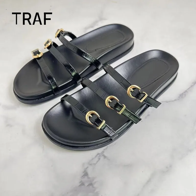 

TRAF Black Flat Sandals Women Fashion Three word Buckle Slippers Woman Open Toe Shoes For Women Casual Sandals Luxury Slippers