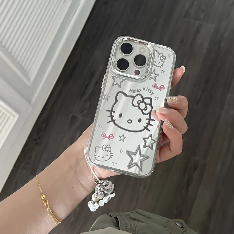 Etui na telefon Cute Cartoon Sanrio Y2K Hello Kitty Silver Plating do iPhone\'a 16 15 14 13 12 11 Pro Max Etui Mirror Surface Cover