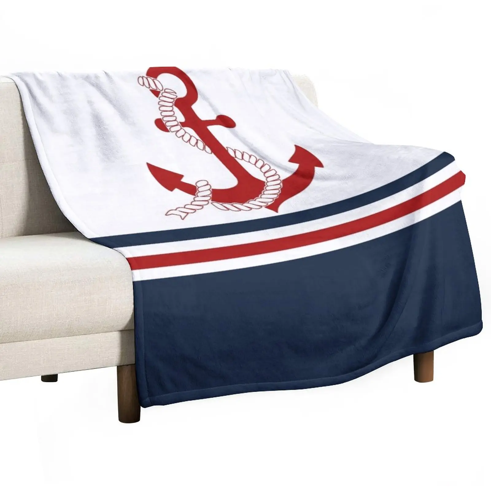 

Nautical navy blue and white stripes with a red anchor Throw Blanket Fluffy Blankets Large Blanket For Baby Sofa Quilt