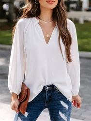 Women Spring Summer Style Blouses Shirts Lady Casual Long Lantern Sleeve V-Neck Solid Color Blouse Tops