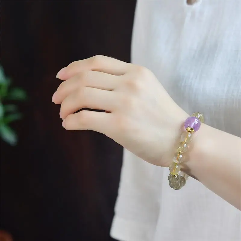 

10MM Natural Gold Rutilated Quartz Amethyst Bead Bracelet Gemstone Round Bead Crystal Healing Women Men Fine Jewelry Gift 1PCS