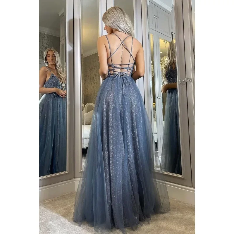 Wakuta Glitter Tulle Prom Dresses Beaded Lace V Neck Backless Long Evening Formal Party Gowns with Slit falda sexy mujer