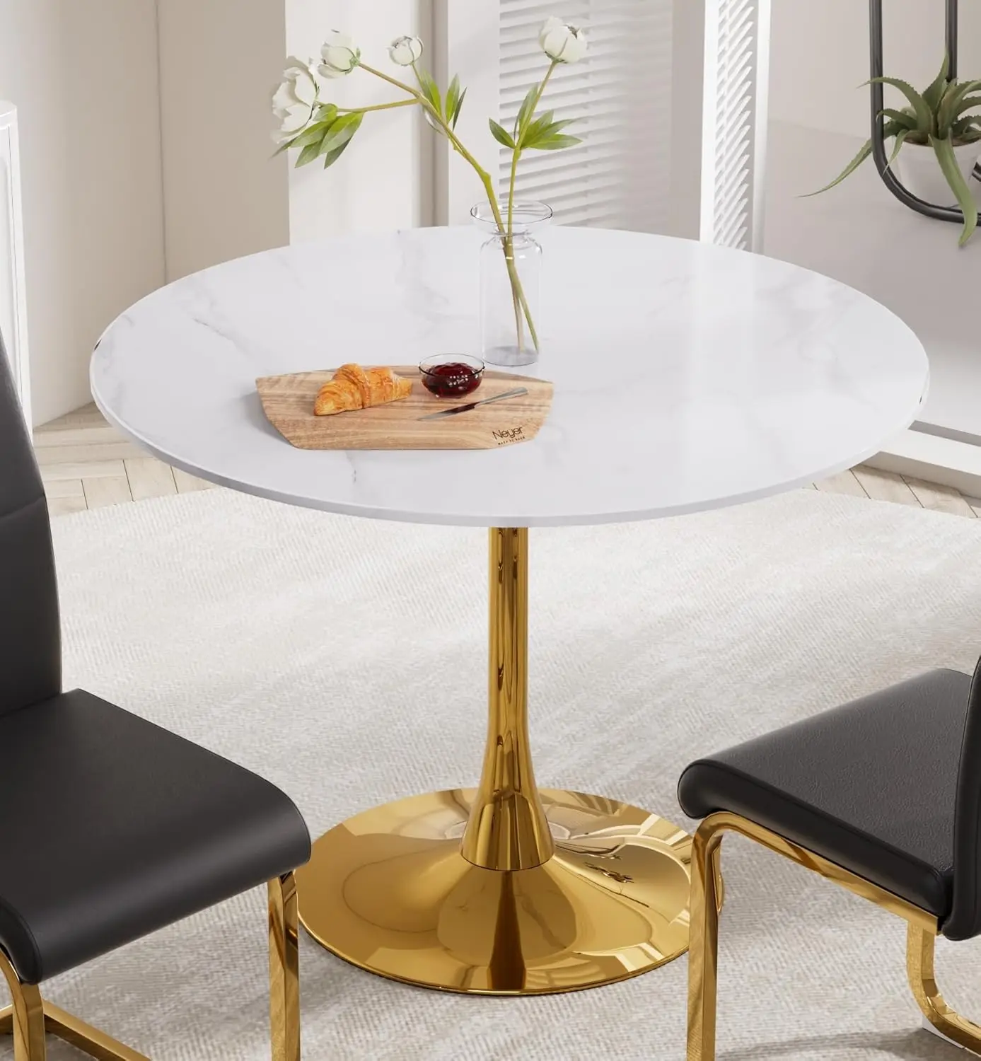 

34" Round Dining Table Marble Top Gold Base Mid-Century 2-4 Seats Easy Assembly Small Space,Customized