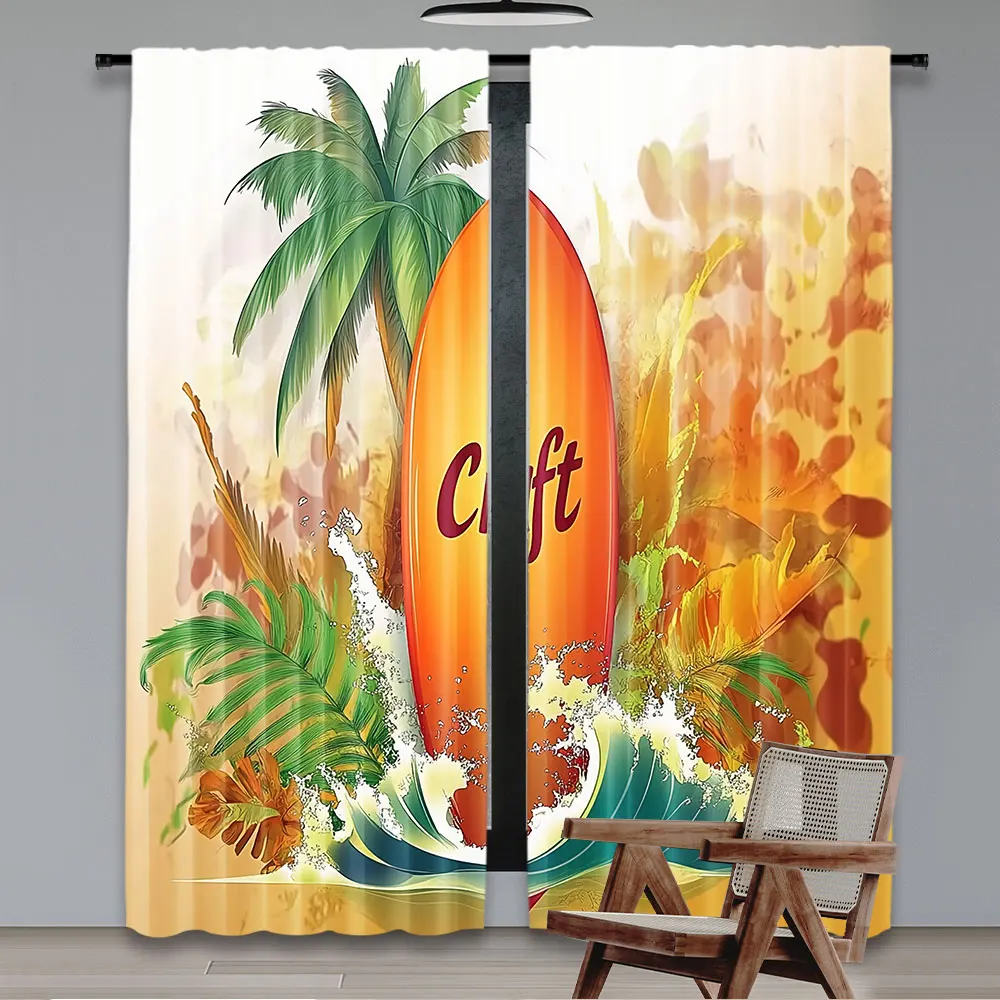 2Pcs Surfboard Curtain Surf Curtain Wave Water Drops Leaf Activities Fun Hippie Suitable For Bedroom Bathroom Living Room Dining