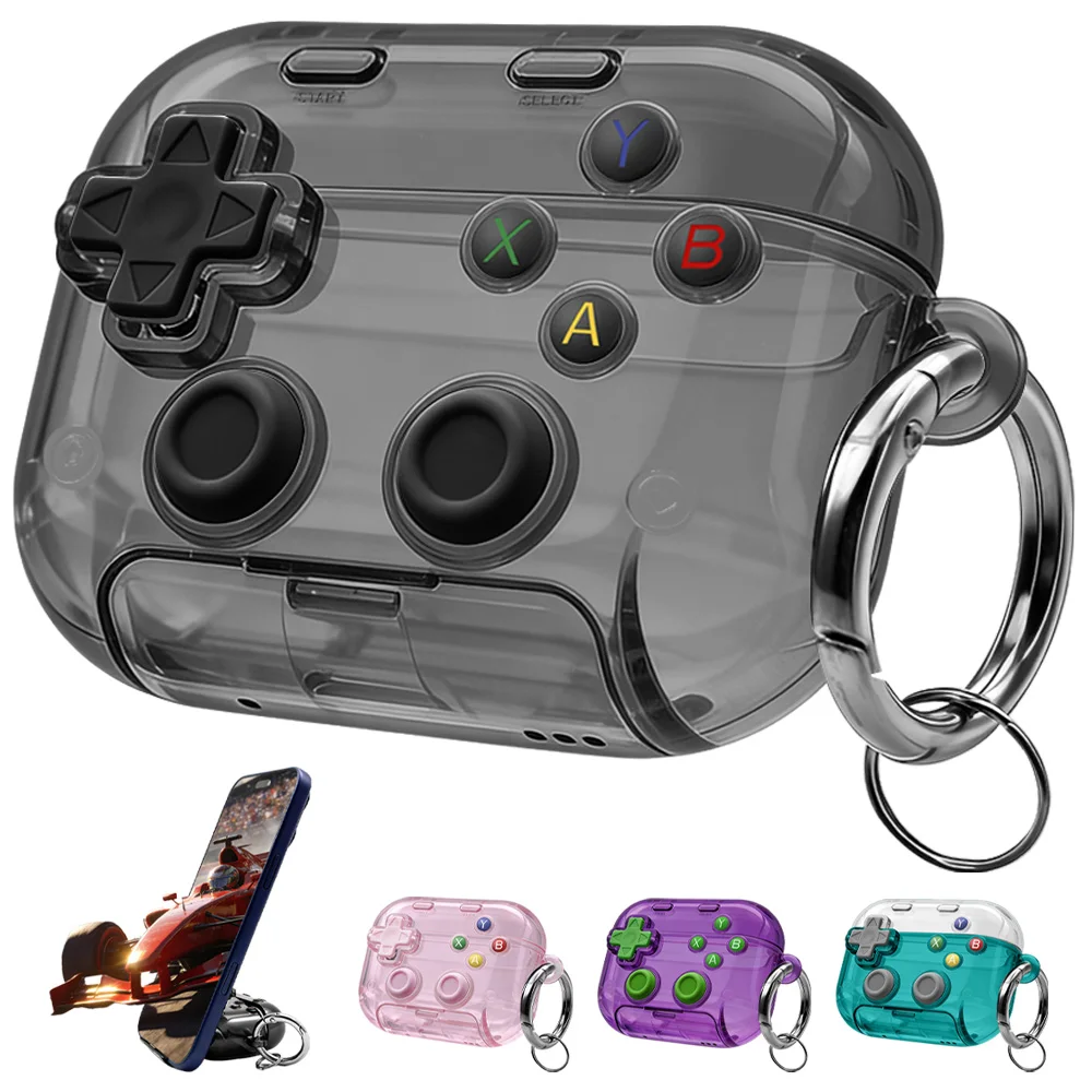 Headphones Protective Case for AirPods Pro 3/Pro 2/4 Transparent Gamepad Design Headphones Case with Phone Holder Keychain