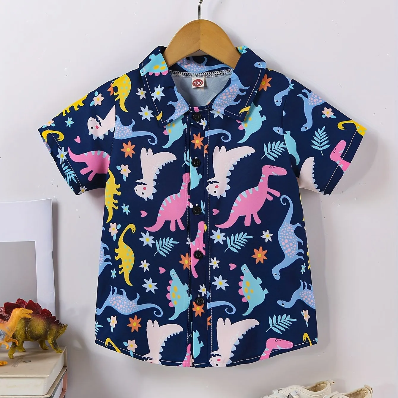 Boys Girls Colorful Dinosaur And Leaves Printe Button Down Shirt Casual Creative Kids Short Sleeve Comfy Summer Vacation Tops